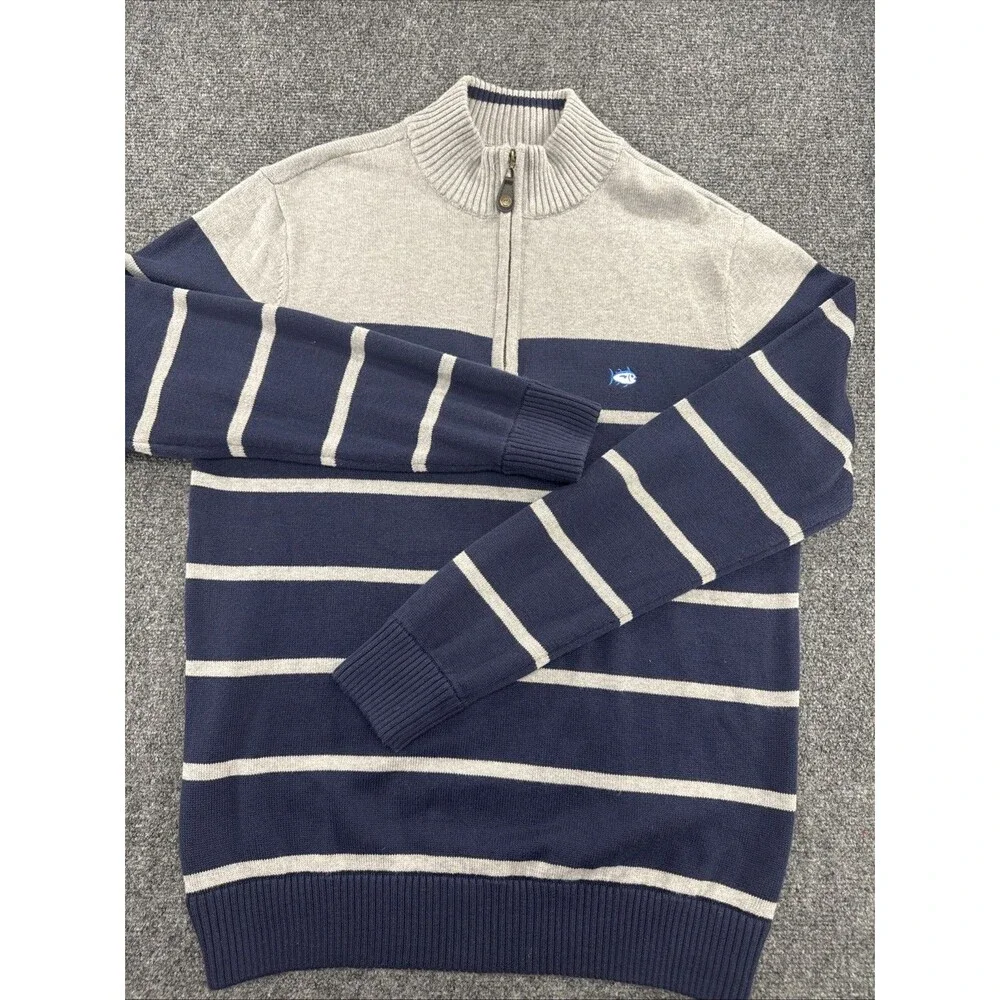 Southern Tide 1/4 Zip Sweater Mens 21” P2P Navy Gray Stripe Skipjack